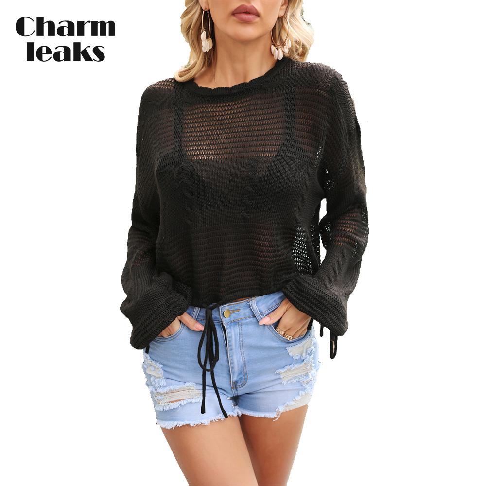 

Charmleaks Женская вязаная пляжная футболка от солнца бикини с завязками шорты большого размера сарафан XL чёрный