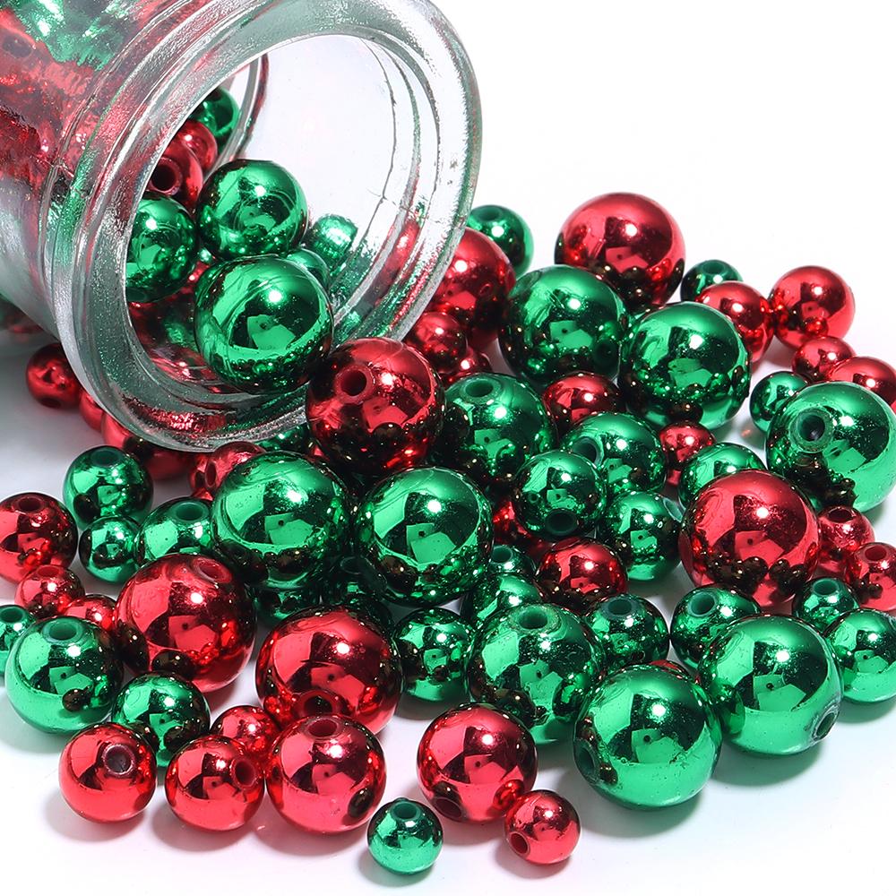 50-200pcs Acrylic Christmas Beads 6 8 10 12mm Red Green Color Round Loose Spacer Beads For DIY Jewelry Making Bracelets Necklace