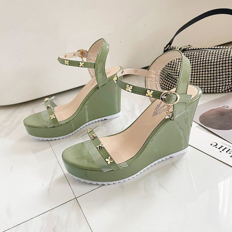 

Fashion Sandals for Women Wedges Heel Green Super-high Rivet Woman Shoes Summer 2025 Comfortable Footwear New Breathable Fashion Luxury 35