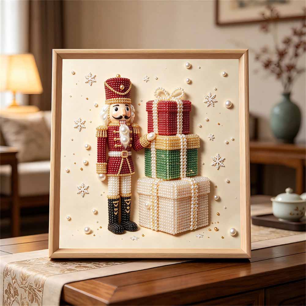 Handmade Framed Pearl Painting Set with Christmas Nutcracker and Gift Boxes Design 5D Shiny Bead Art Canvas Creative Craft for Room Decor