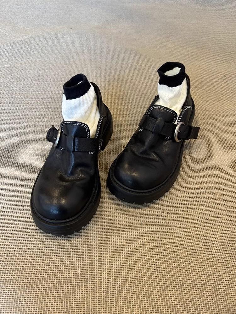 Cowhide version~ British style retro leather single shoes belt buckle muffin bottom loafers women's thick-soled thick-heeled small leather shoes