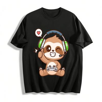 Cute Sloth Gamer Print Casual Short Sleeve T-Shirt Pure Cotton T-shirt