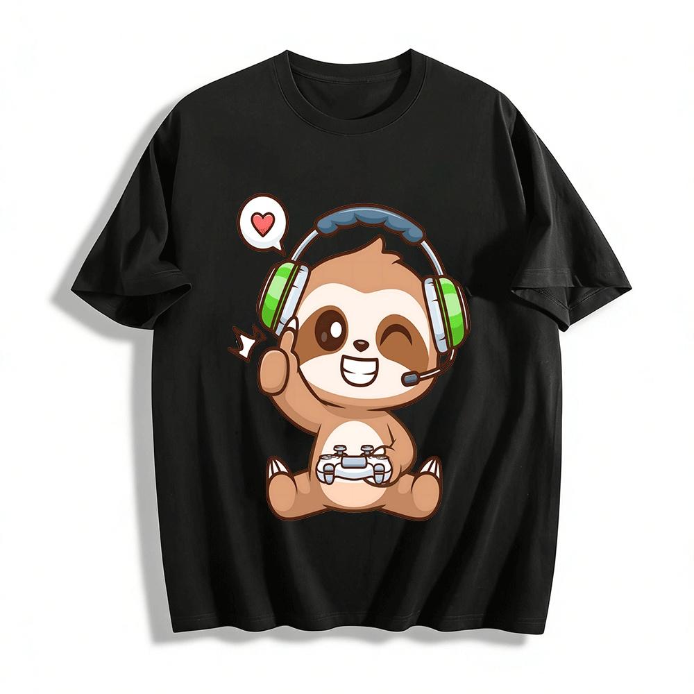 

Cute Sloth Gamer Print Casual Short Sleeve T-Shirt Pure cotton T-shirt XXS