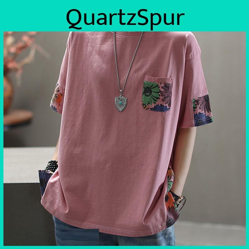 Cotton Dimanaf Tshirt Women Summer Tshirt Fashion Floral Print Patchwork Tops Tees Home Wear Shirt Loose Casual