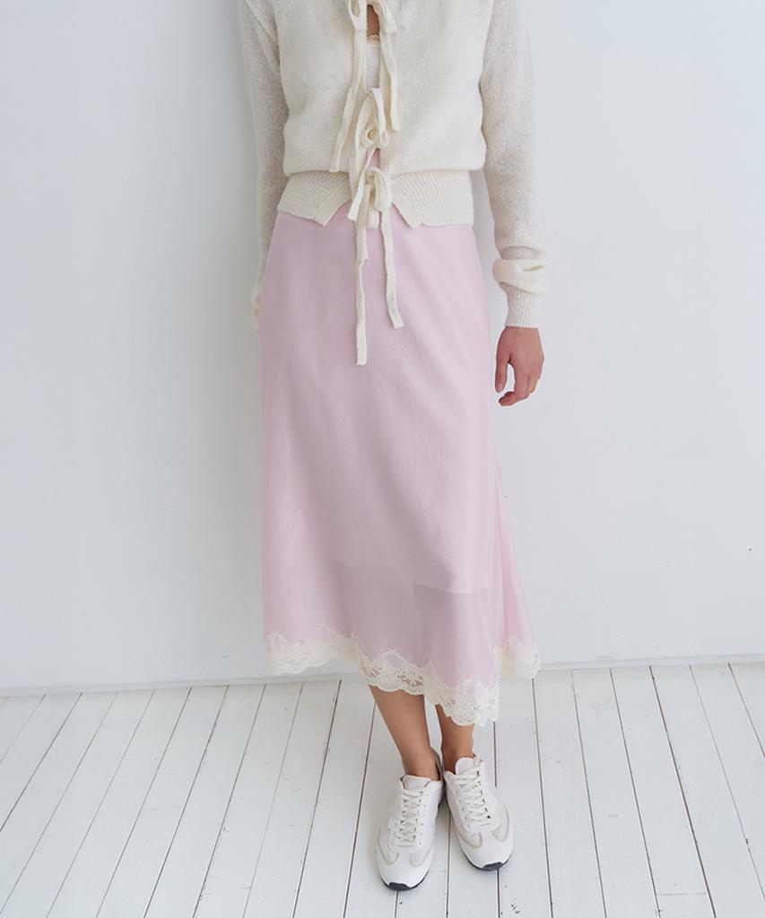 VEM.VER Lace Trim Satin Midi Skirt_Pink