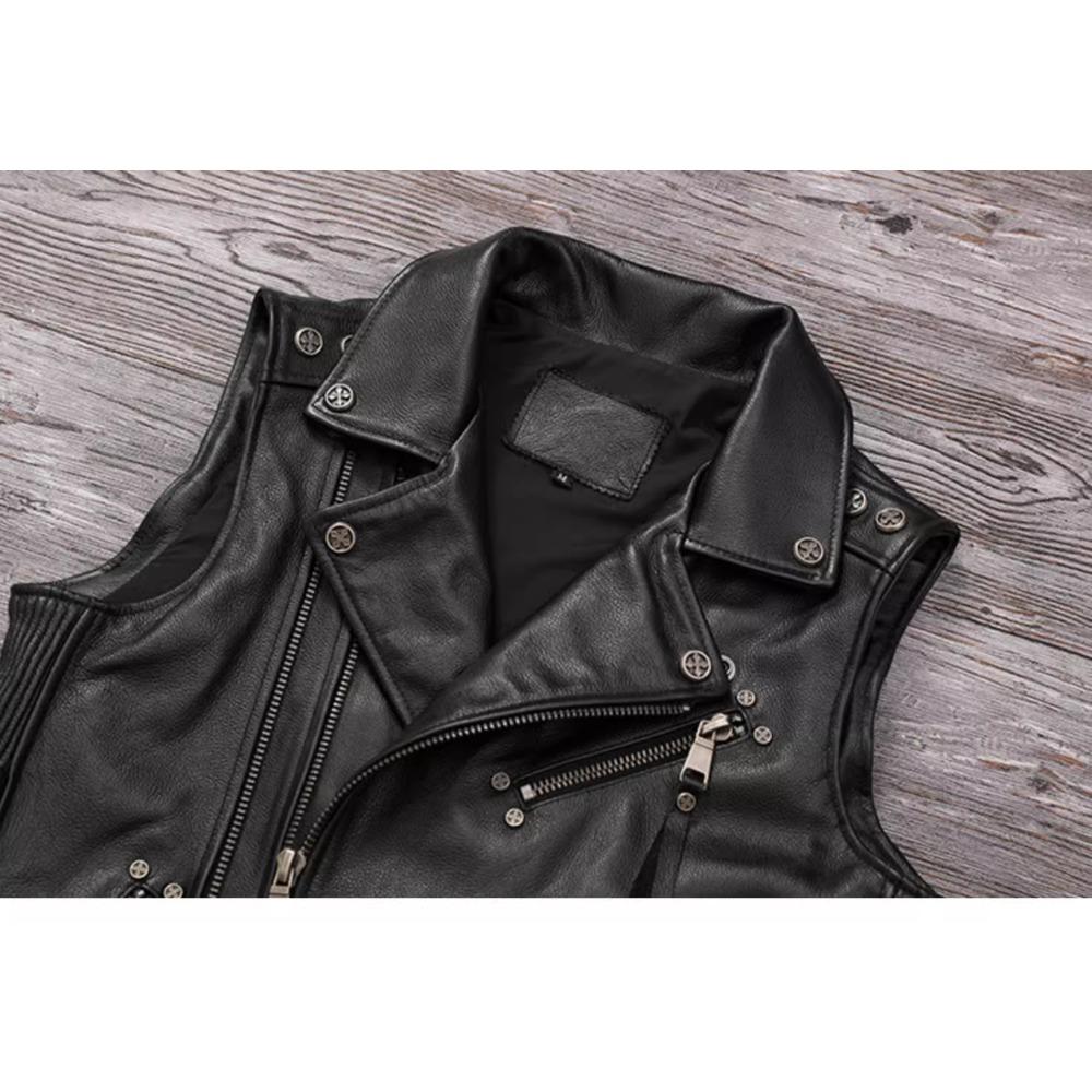 Chinese Size Biker Vest Top Layer Cowhide Leather Vest Men's Slim Short Motorcycle Clothing Riding Jacket Sleeveless Genuine Cow Club Vest