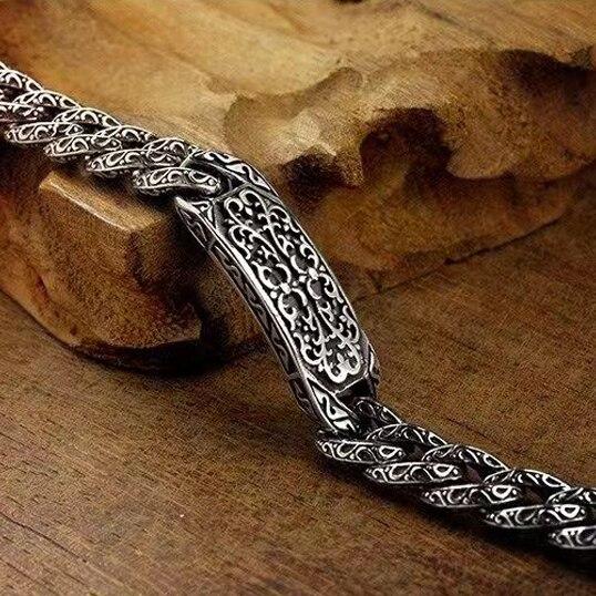 New Silver Color Men's Bracelet Auspicious Pattern Pin Type Retro Couple Men's and Women's Same Style Ring Buckle Bracele Jewelry