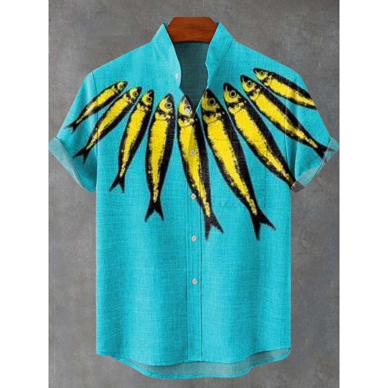 Camisa de Verano de Manga Corta para Hombre Aficionados a la Pesca Ropa de Moda Estampado de Peces Tejido de Lino Cómodo Top Nueva Colección