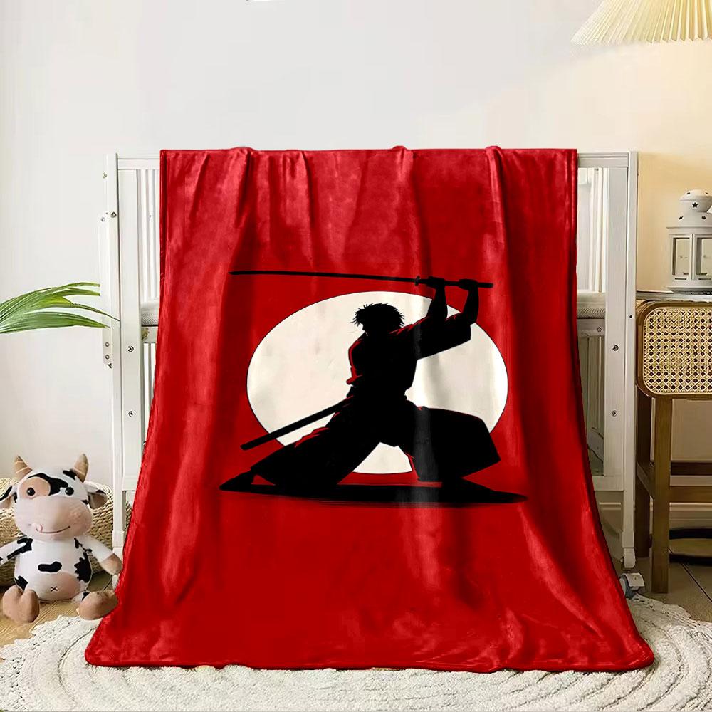 Silhouette of a kneeling samurai with a sword, set against a red background. for all seasons blanket lunch break throw gift 80cm x 120cm