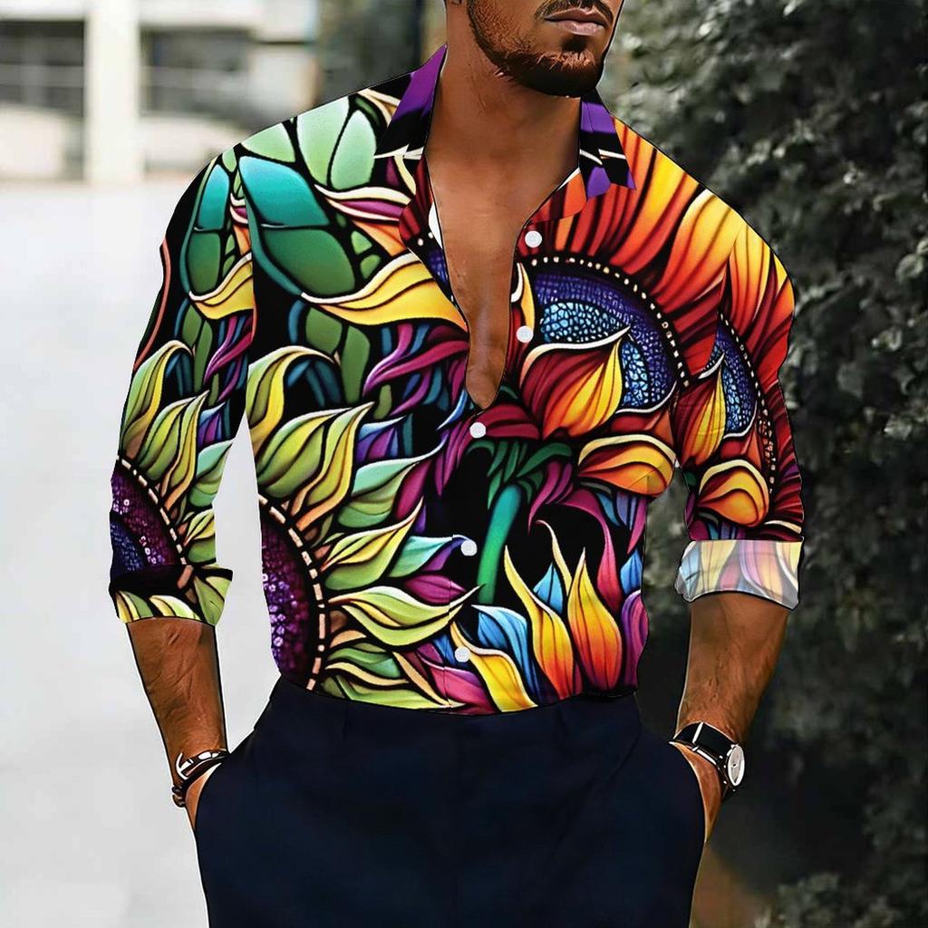 Camisa de Hombre con Cuello Estampado Floral Azul Blanco Diminuto por Todas Partes Manga Larga Botones