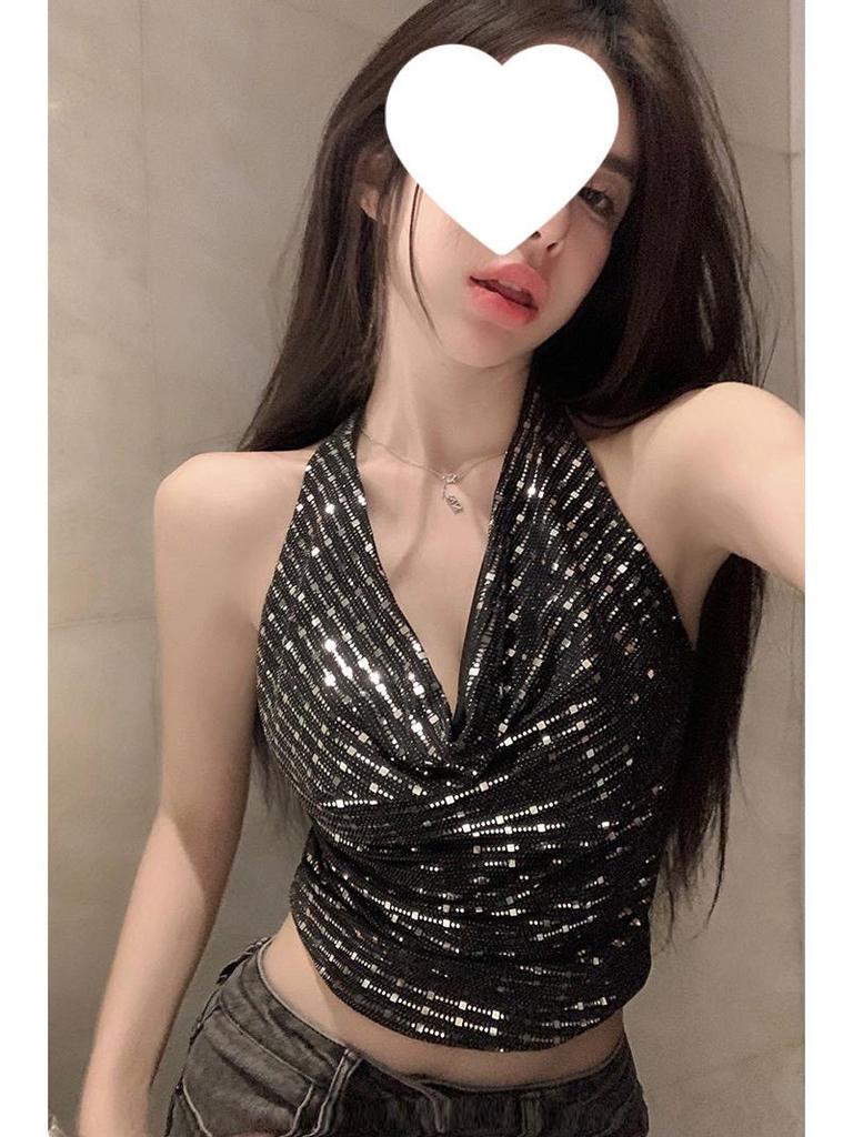 Sparkly Sequin Cowl Neck Halter Top - Backless and Sleeveless for Summer