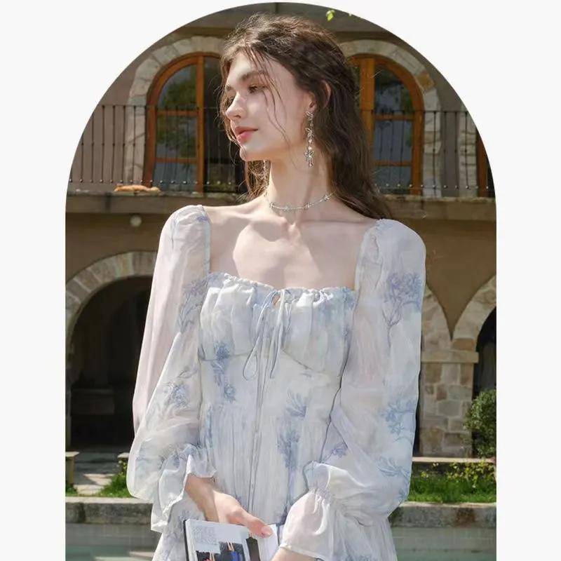 Womens Floral Print Square Neck Puff Sleeve Chiffon Dress S белый