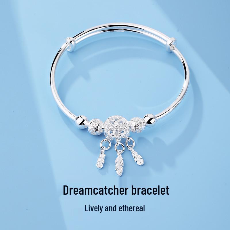 S999 Sterling Silver Dreamcatcher Bangle - Pure Silver Bracelet for Women, Perfect Qixi Festival Gift for Girlfriend or Bestie