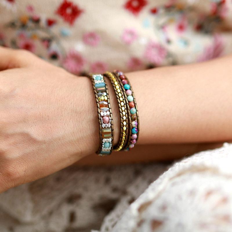 Three-wrap Bracelet Featuring Purple Imperial Jasper Natural Stones, Creatively Designed and Handcrafted with Woven Leather.