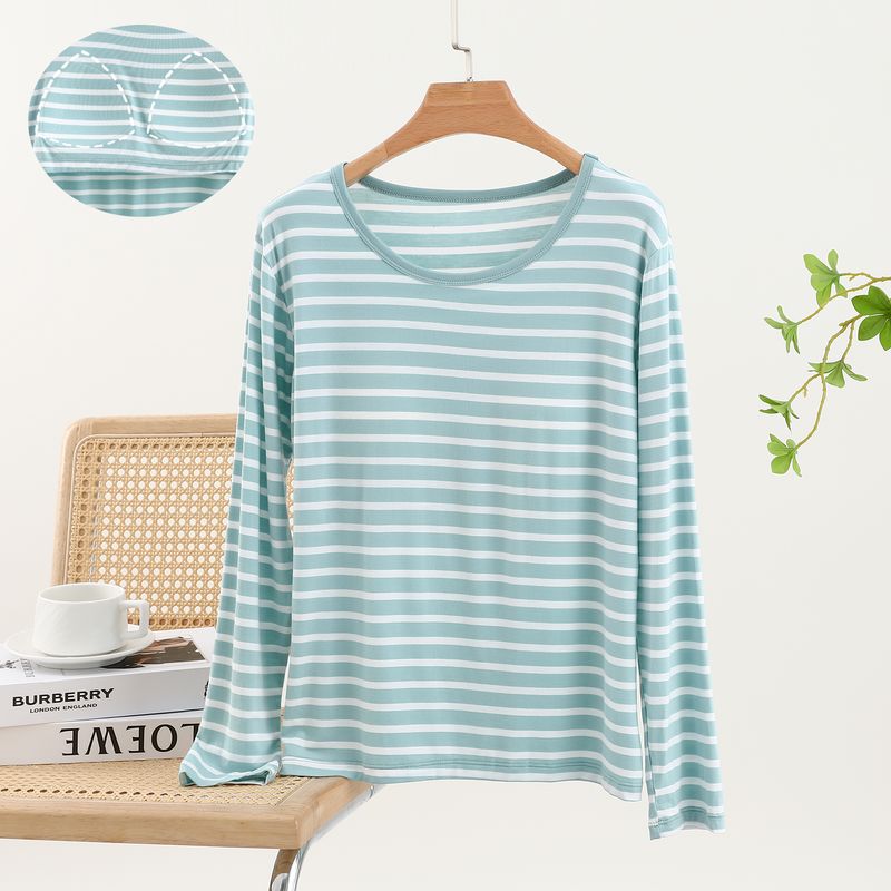 Thin Stripes Chest Pad T-shirt Long Sleeve Modal Bra-Free Undershirt Outwear Loose Easiest for Match Homewear Tops