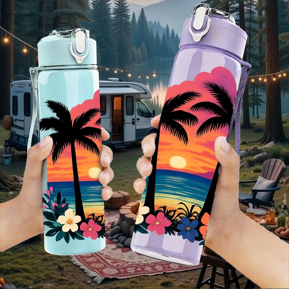 1PC Palm Tree Sunset Beach Pattern 750ml Color Plastic Sports Water Bottle Leakproof Flip Straw Lid Suitable for Sports Office Home Use