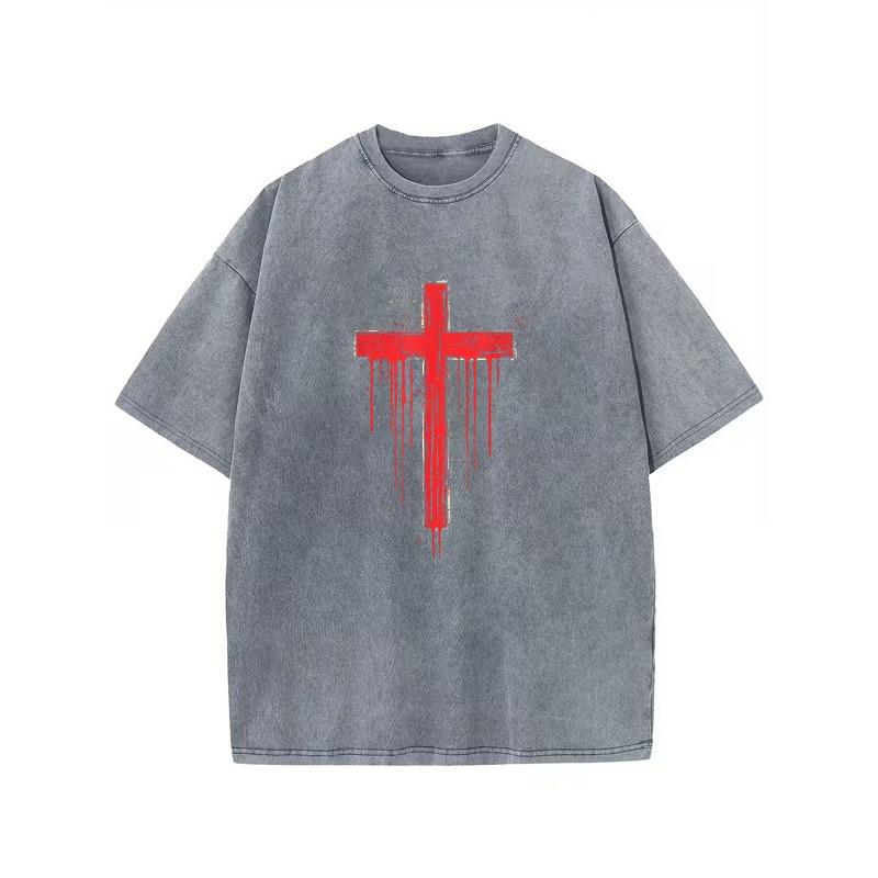 Pánské tričko s potiskem Červeného kříže kapající krví - Gotické Rockové Grunge Streetwear Krátký rukáv, Vintage Praná Bavlna Neformální Top pro Venkovní Nošení