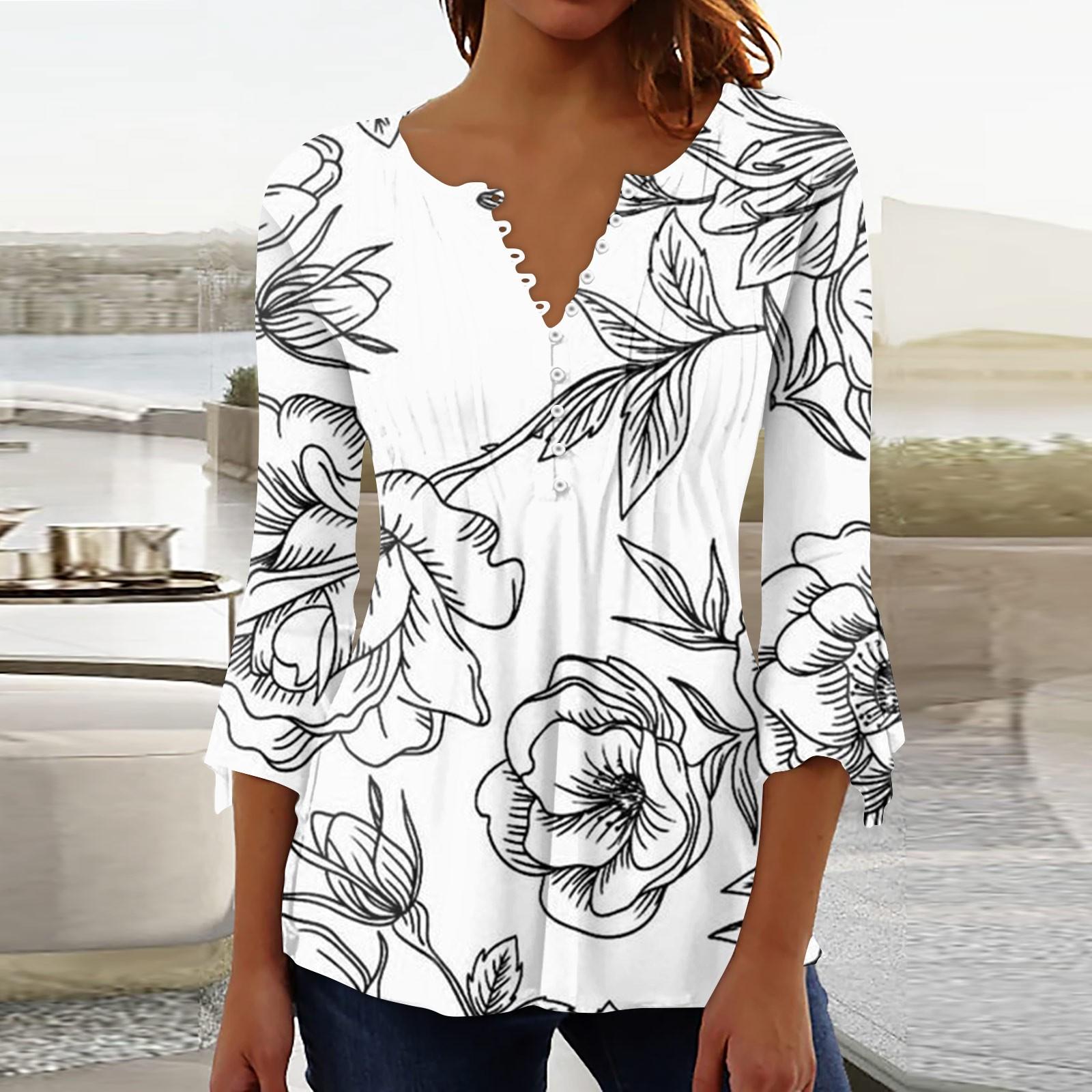 

Рубашки на пуговицах для женщин, туника с принтом, летние топы, нарядные повседневные весенние блузки с рукавом 3/4 и v-образным вырезом XXL белый