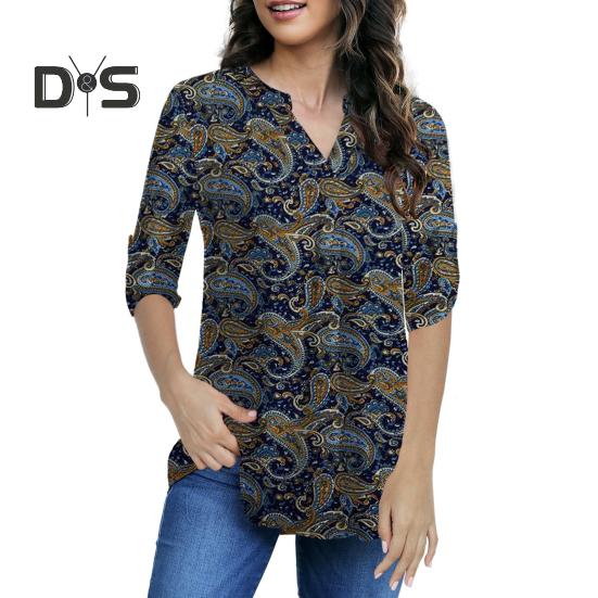Women Shirt V-neck 3/4 Roll-Up Sleeves Lightweight Tops Flower Print Flowy Hem Tunic Tops Daily Wear