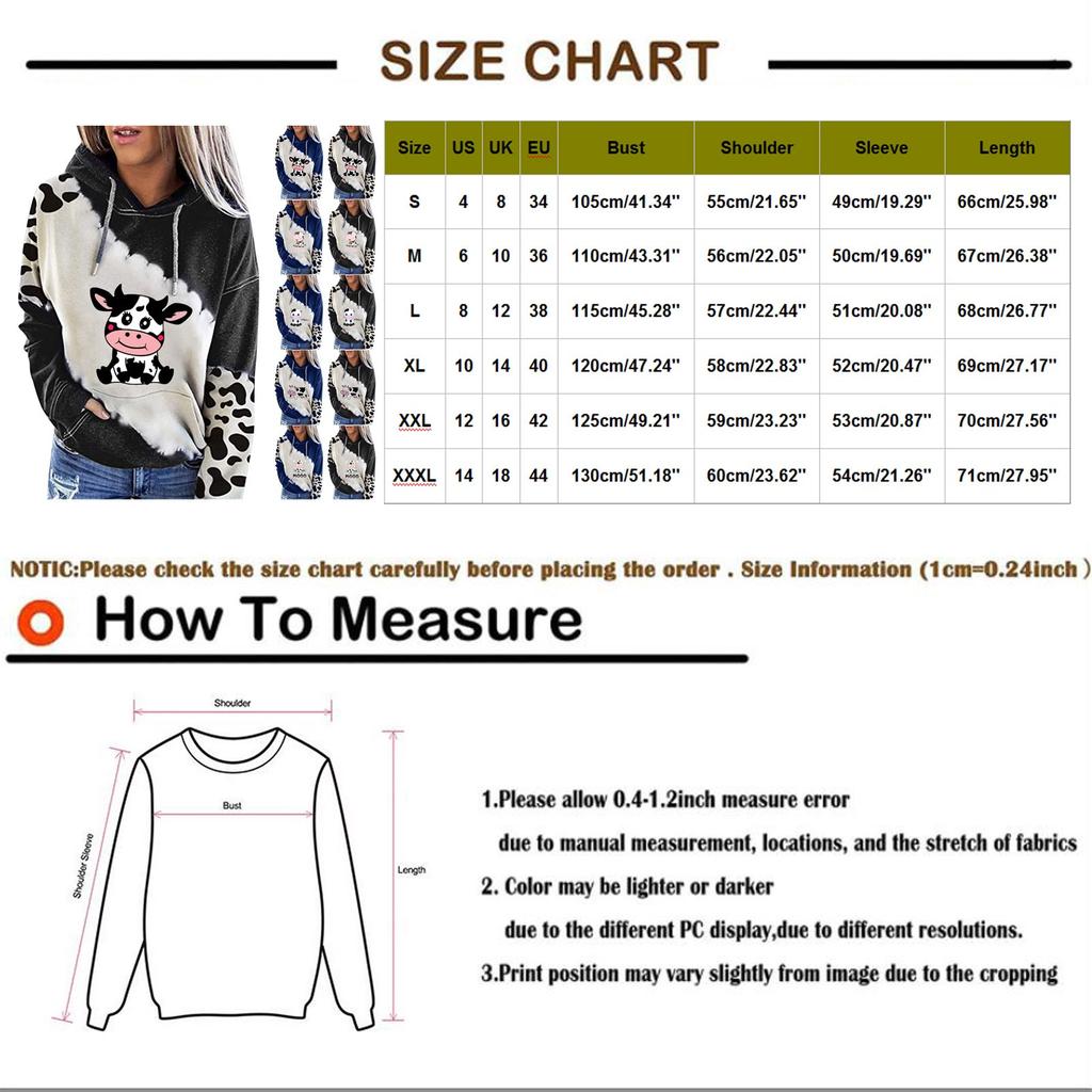 Women's Cute Cow Print Sweatshirt Long Sleeve Hooded Casual Tops Shirts
