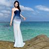 French Blue Gradual Change Tube Top Dress Long High-end Waist Hip Fishtail Skirt Seaside Vacation Style Dress