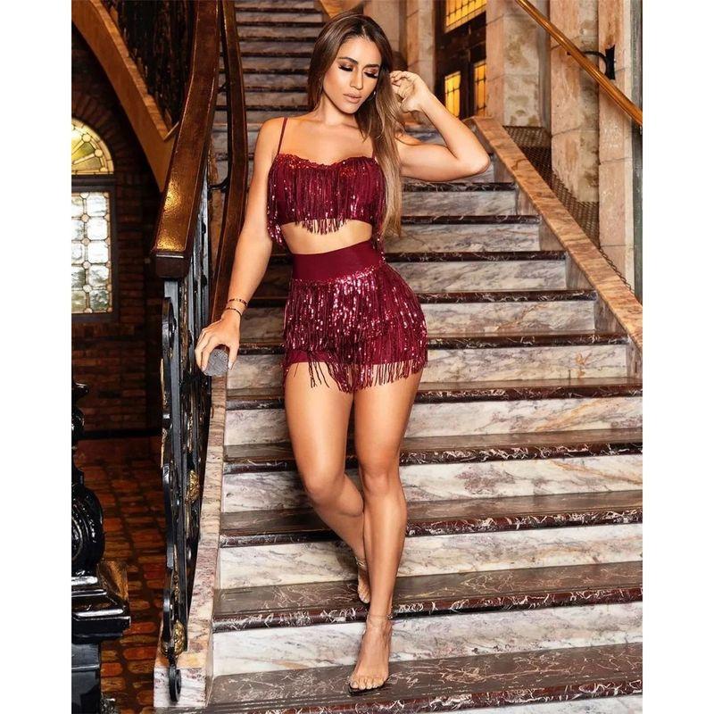 

Sexy Suspender Sequin Fringe Shorts Set Sequined Suspender Tassel Shorts Suit Burgundy M