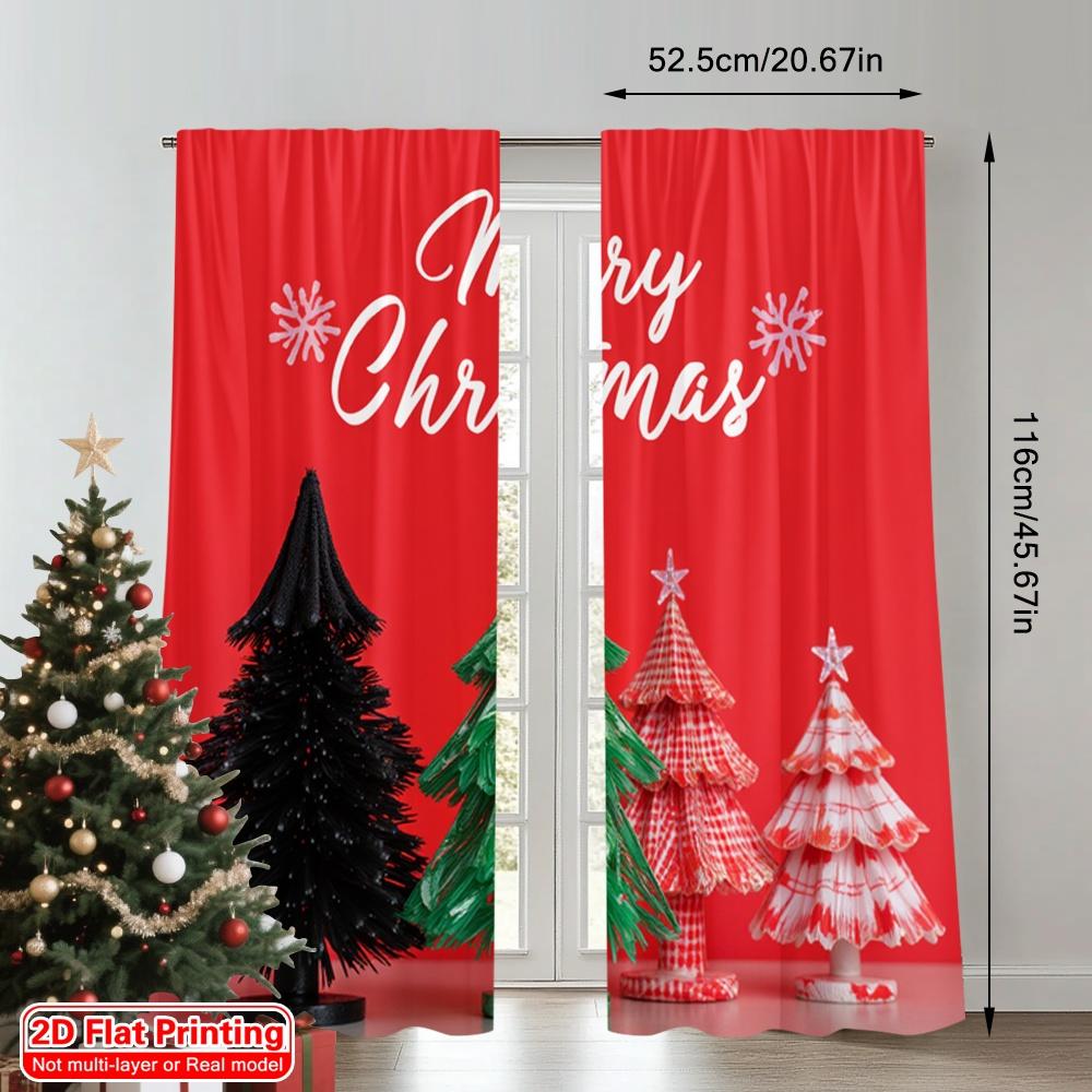 2pcs 2D Flat Printing Merry Christmas Popular Window Curtains Merry Christmas Trees Buffalo Plaid 100% Polyester Fabric Without