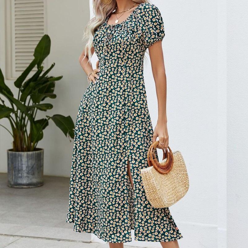 Lässiges Sommerkleid mit quadratischem Ausschnitt und A-Linie, Puffärmel, grünes Printkleid, elegante Kleider mit Blumenmuster und hoher Taille, Damenbekleidung 25278