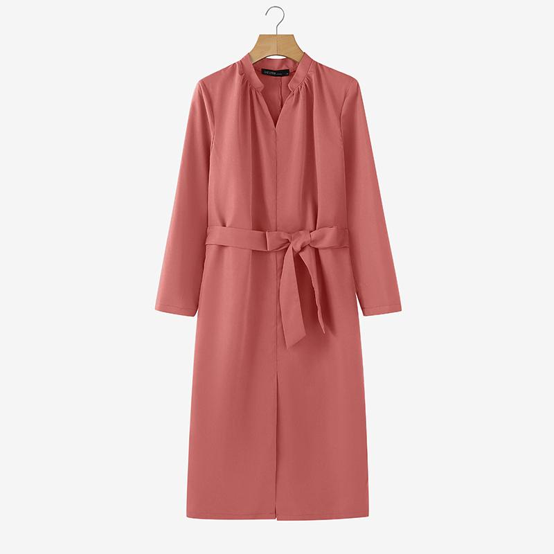 

ZANZEA Женское повседневное платье-футляр с V-образным вырезом и длинными рукавами, однотонное 5XL камео розовый