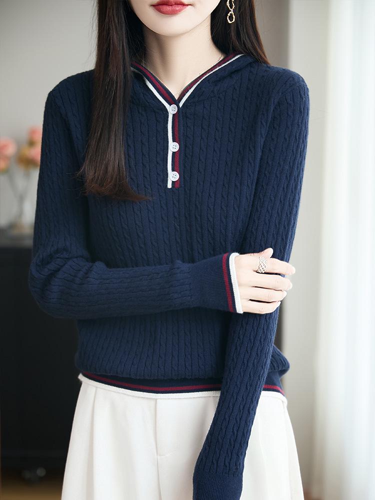 

Women s Buttoned Hooded Slim-Fit Knit Sweater - Autumn 2025 Korean Chic College Style M темно-синий