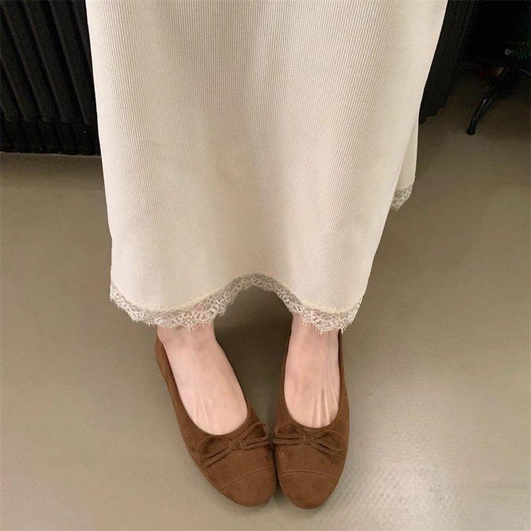 Soft leather version~ French retro round head bow light mouth single shoes women's autumn 2025 new suede ballet shoes