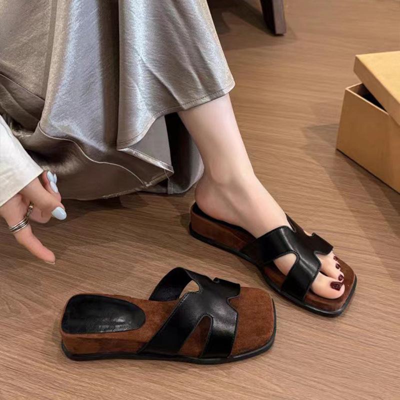 French 2025 New Summer Thick Heel Butterfly Versatile Low Heel Square Head Flat Bottom Wear Cool Slippers Women's One-word Drag