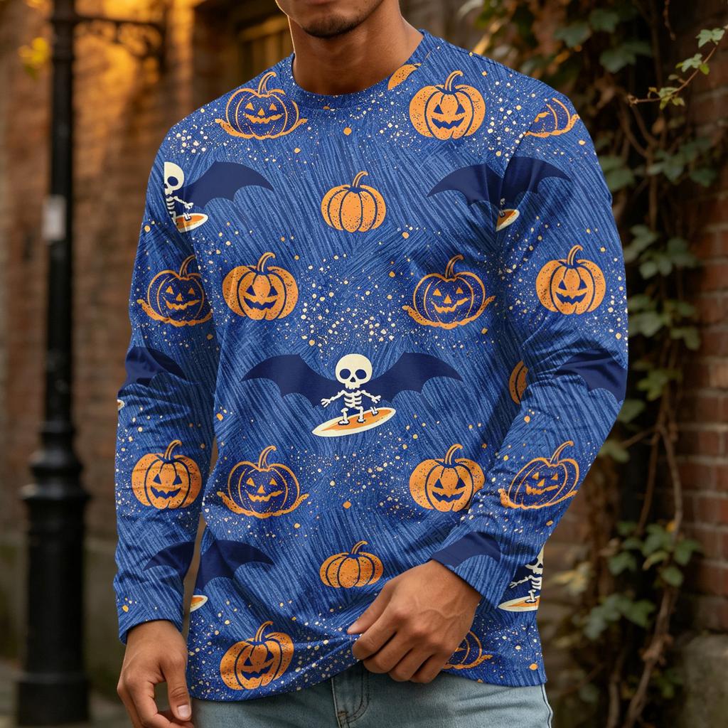 Men's Halloween Print Fashion Neck Long Sleeve T-Shirt