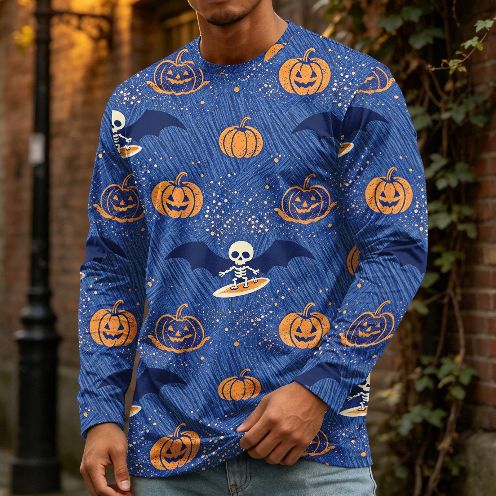 Men s Halloween Print Fashion Neck Long Sleeve T-Shirt S