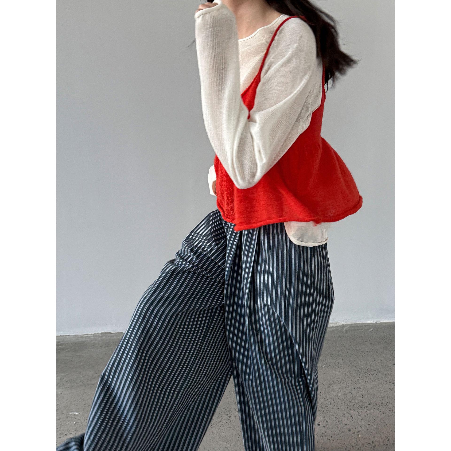 LUXI Women s Korean Style Vertical Stripe Wide Leg Pants - Spring/Summer Casual Loose Fit L