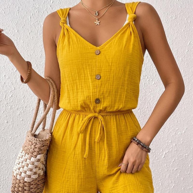 Damen Unifarben Strukturiert Verdrehte Träger Lässig Urlaub Kordelzug Ärmellos Jumpsuit Shorts