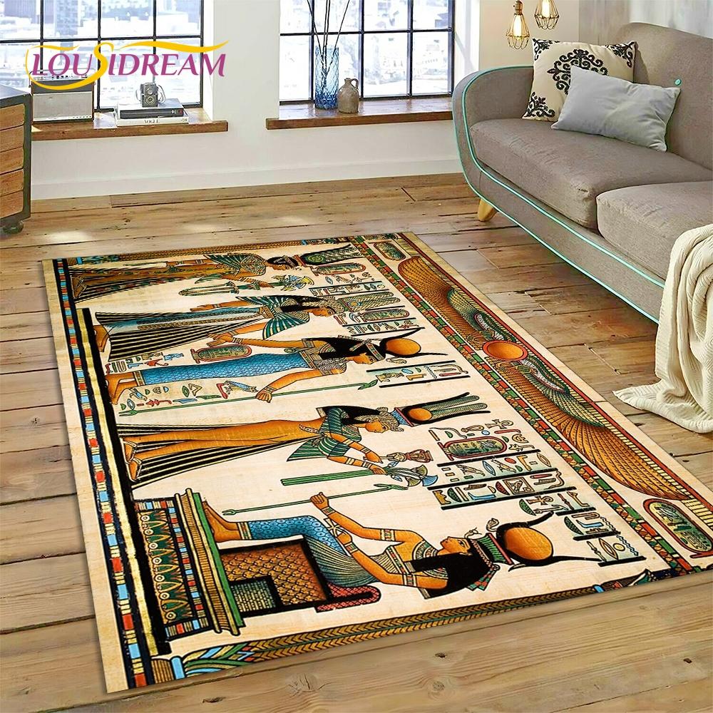Tapis HD Hiéroglyphes Pharaoniques Mythologie Égyptienne 3D pour Salon Chambre Décoration de Maison, Décoration Antidérapante pour Canapé Paillasson