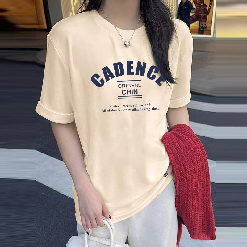 

Длинная футболка из чистого хлопка с надписями, с коротким рукавом, для женщин, новинка весна-осень 2025, европейские товары, большая версия, свободный топ S