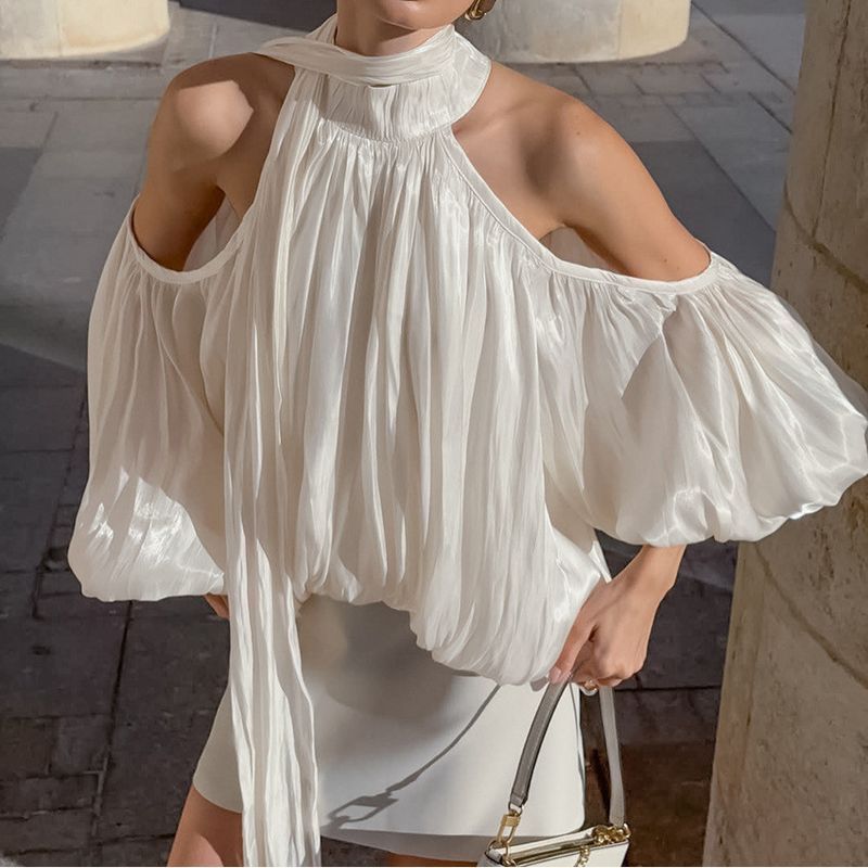 

and American French-Style Design, Pure and Alluring Off-The-Shoulder Halter Neck Long-Sleeve Shirt for Women, High-End Versatile Elegant Commuter Top Apricot L