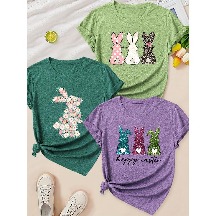 Cute Rabbit Print Round Neck Three Piece Short Sleeve Women Casual Three Seasons T Shirt Set S