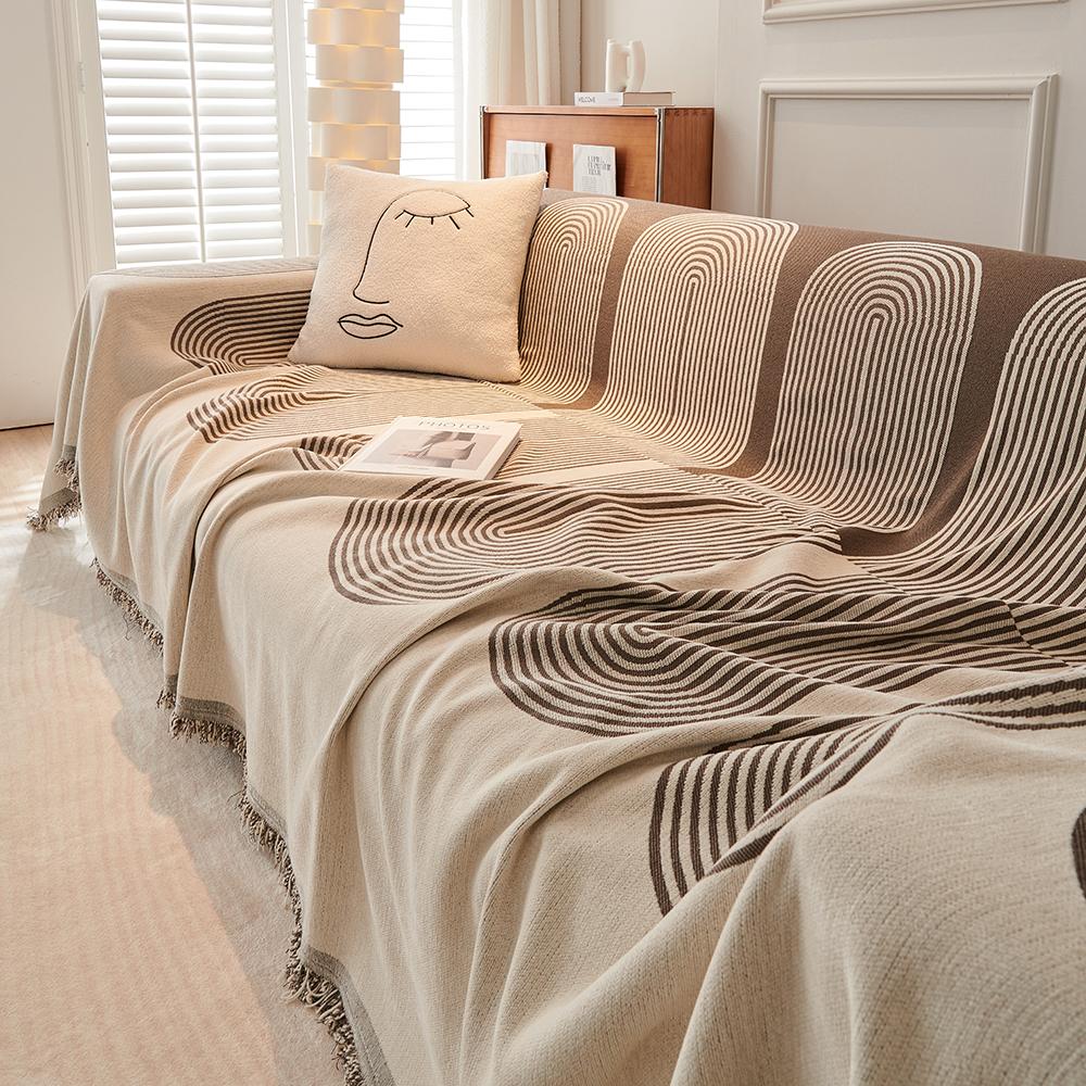 1Pc Geometric Jacquard Chenille Sofa Cover With Tassels Double-Sided Thick Sofa Blanket For Living Room Decor Multiple Use