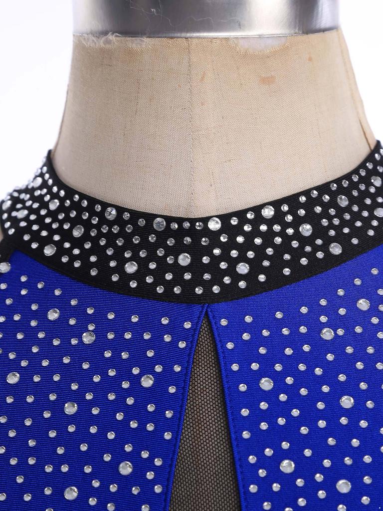 S-XXL Women's Competition Leotard: Allover Rhinestone Backless Bodysuit with Tassel Skirt & Contrast Color for Chacha Rumba Dance