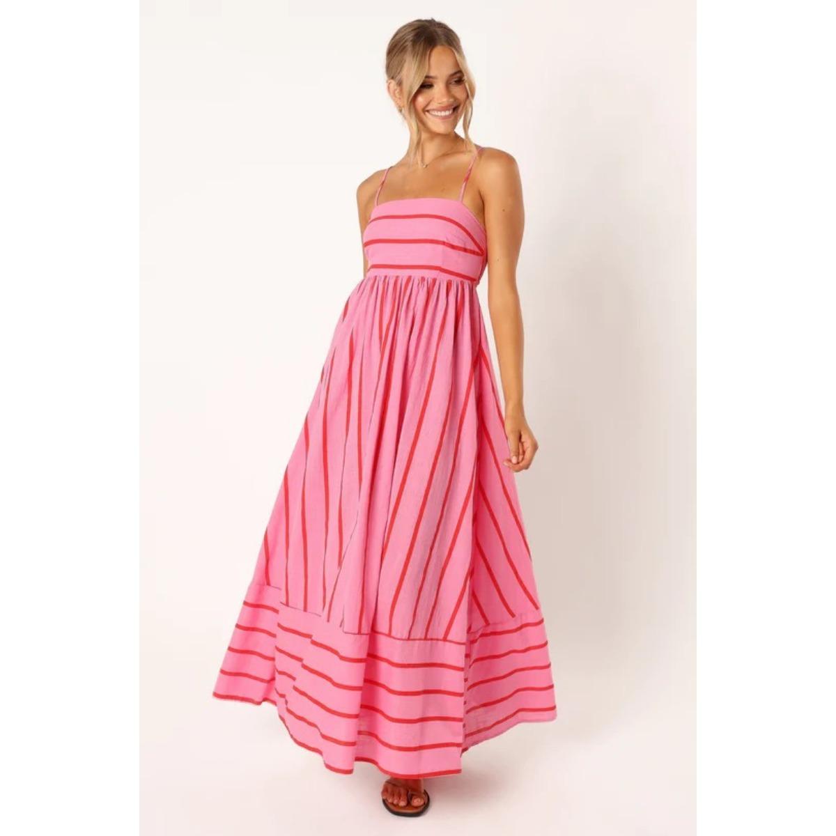 Women s Spaghetti Strap Striped Back Smocked Cutout Flowy Maxi Long Casual Dress S роза розовый