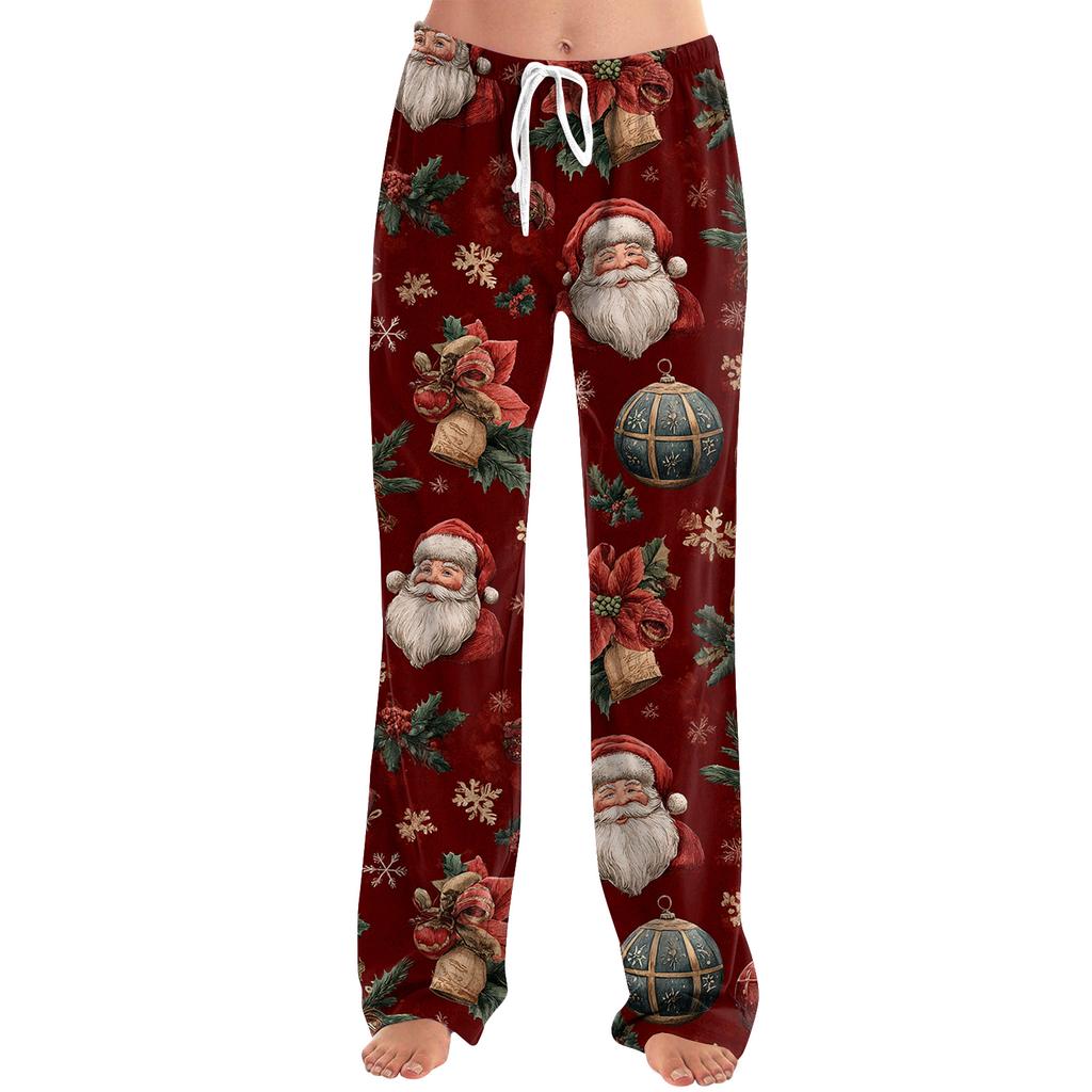 Ladies' Loose And Casual Christmas Printed Wide Leg Pants With Elastic Waistband Drawstring And Pocket Pants