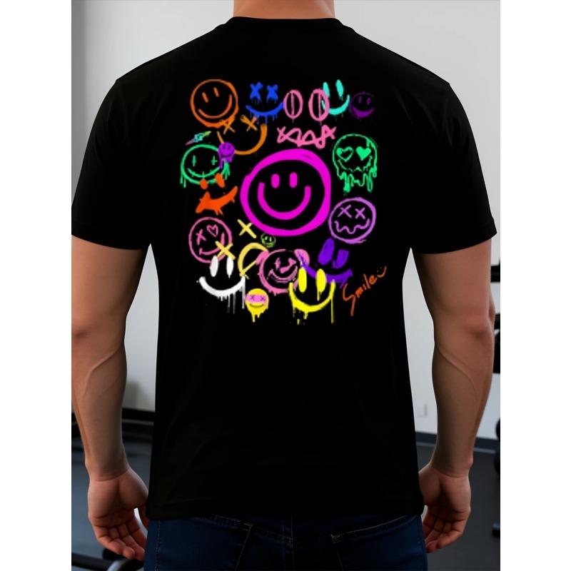 Buntes Graffiti Smile Faces Herren T-Shirt Streetwear Design Sommer Freizeitkleidung Geschenk für Trendige Junge Männer Rückendruck