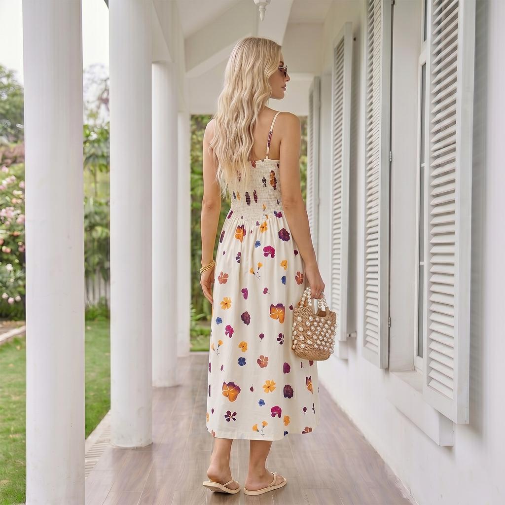 Ärmelloses gestreiftes Sommerkleid für Damen mit verstellbaren Spaghettiträgern und gerafftem Oberteil für Freizeit oder Alltag