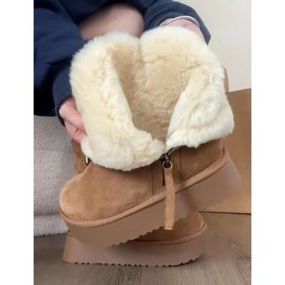Velvet and Thick Cotton Boots  Warm Fur Integrated Short Tube Thick Bottom Snow Boots for Women with Side Zipper