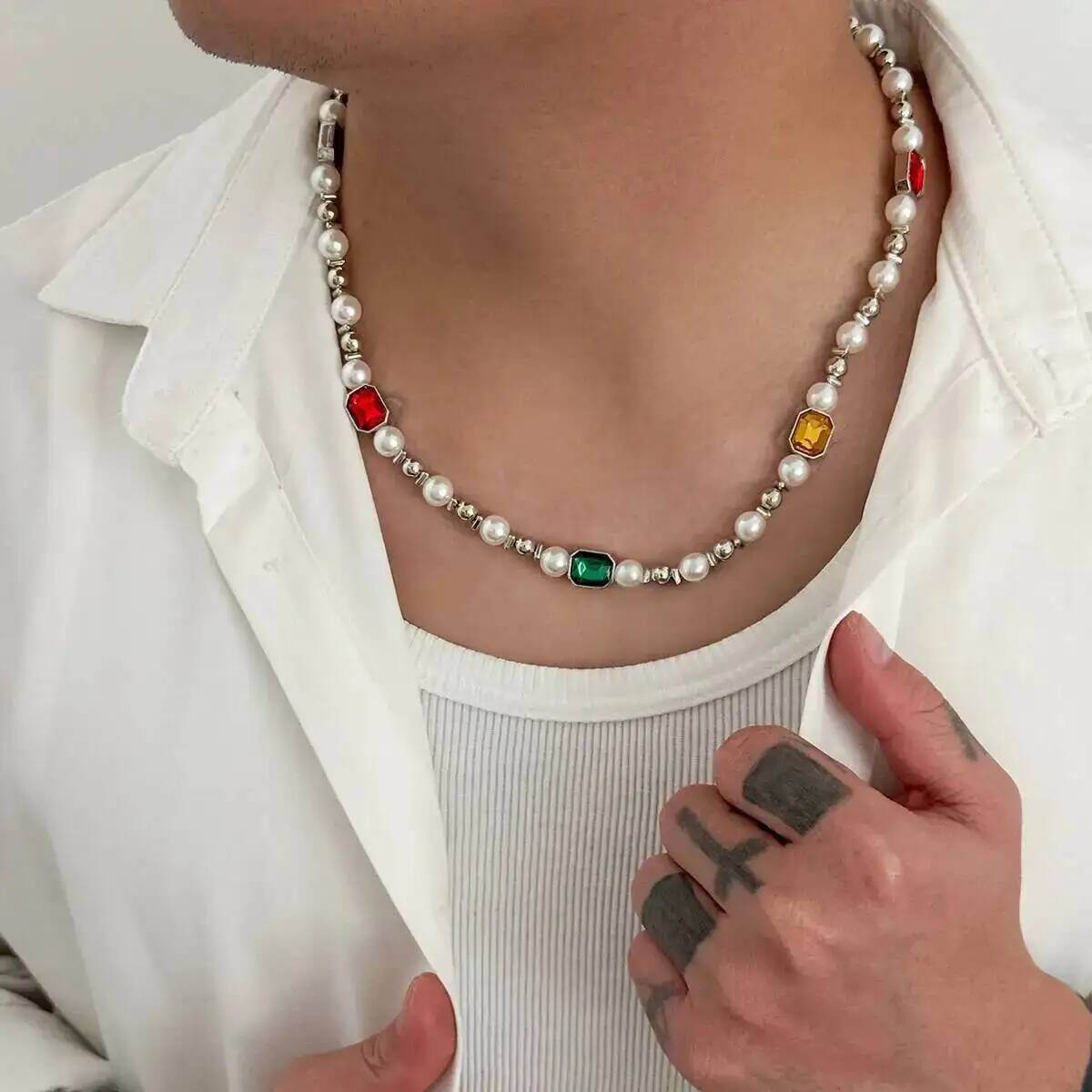 

SHIXIN Baroque Acrylic Rhinestone Imitation Pearl Beaded Necklace for Men Trendy Exquisite Clavicle Chain Jewelry Birthday Gifts