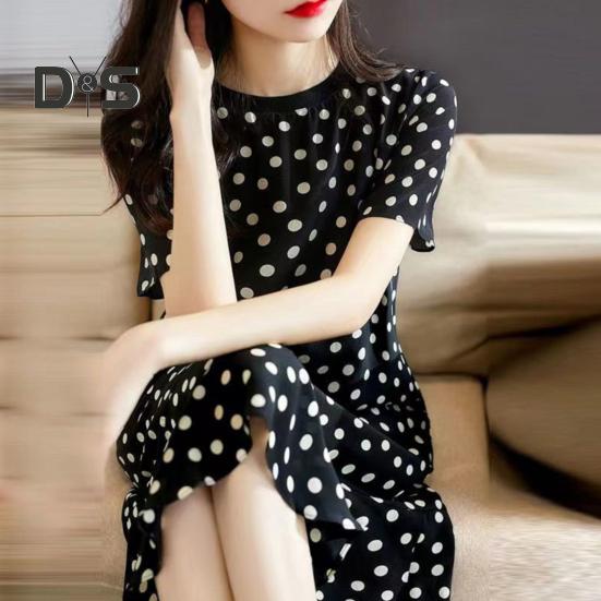 Women Nightdress Loose Floral Print Round Neck Pleated Short Sleeves Knee Length Homewear Casual Midi Dress Lady Nightgown Midi Dress