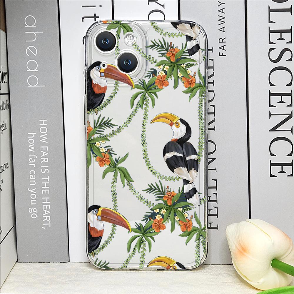 Cartoon Monstera Leaves Palm Tree Flowers Bird Phone Case for iPhone 17 16 15 14 11 12 13 Pro Max Mini 7 Plus X XS XR Soft Cover